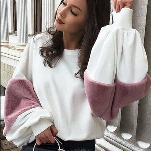 Zara white sweatshirt pink faux fur balloon sleeve